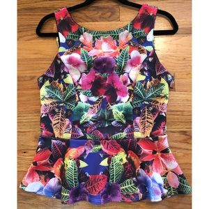 🟢 Aqua Neoprene Bright Floral Print Peplum Top